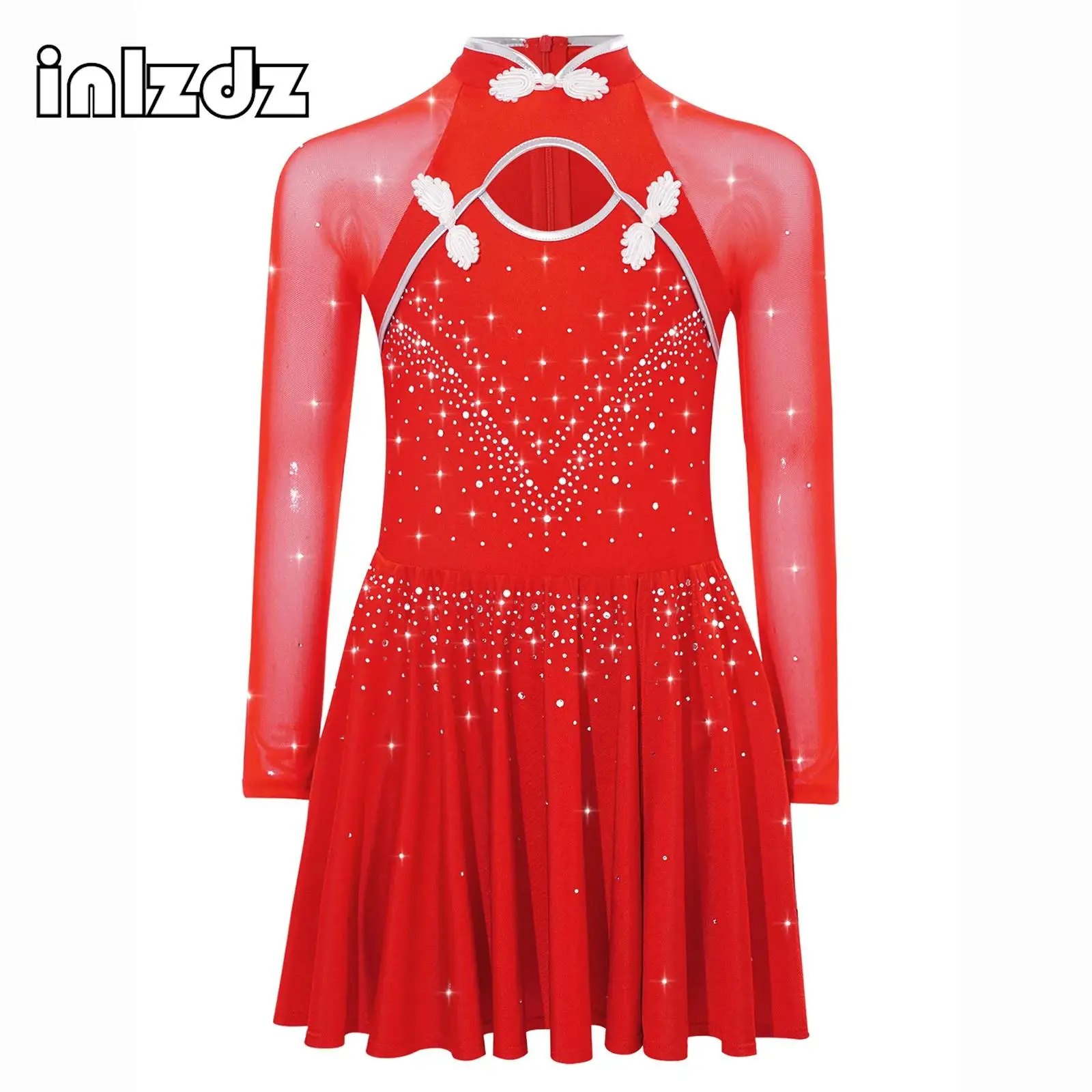 

Shiny Rhinestones Lyrical Modern Dance Dress for Girls Knot Button Mandarin Collar Long Sleeves Dress Figure Ice Skating Clothes