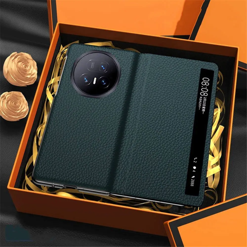 

Genuine Cowhide Leather Litchi Flip Case For Honor Magic V5 Window View Business Cover
