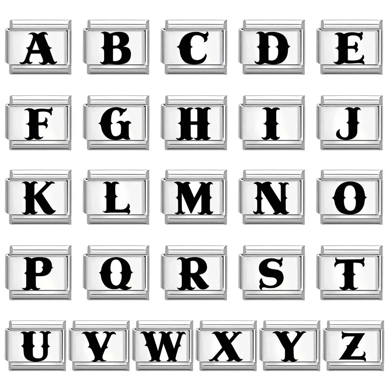 New Laser Engraving 26 English A-Z Letters Custom Name Italian Charm Link Fit 9mm Stainless Steel Bangle DIY Jewelrys Wholesale