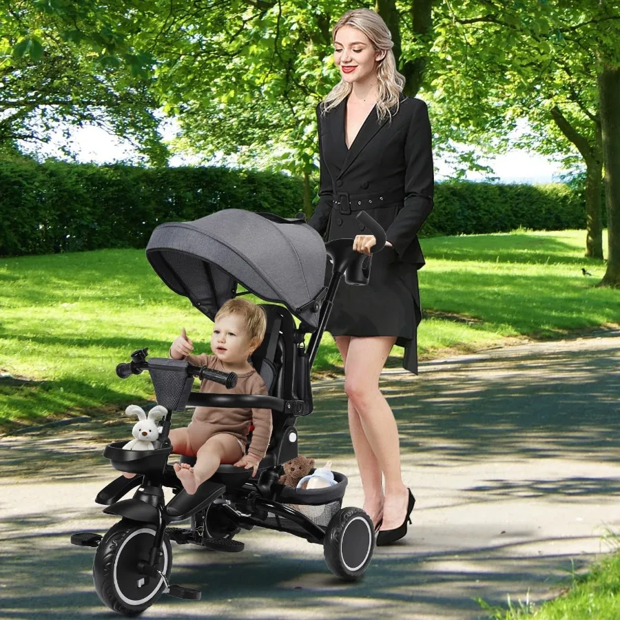 Opvouwbare driewieler 8-in-1 babydriewieler met verwijderbare en verstelbare luifel Ouderhandgreep 5-poorts veiligheidsharnas Peuterfietskinderwagen