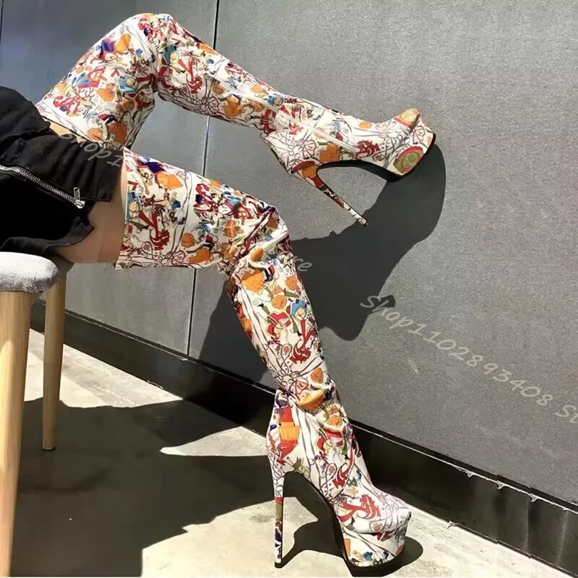 Print Platform Knee Boots Side Zipper Stiletto High Heel Round Toe British Style Women Fashion Elastic Boots Zapatos Para Mujere