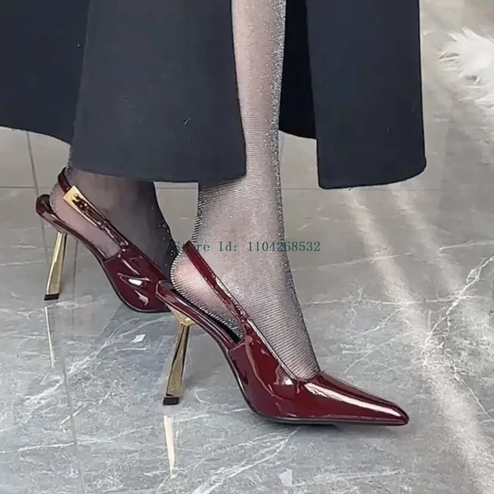 Escarpins pointus en cuir verni à talons métalliques pour dames, talon aiguille Parker, talons à enfiler, design métallique, mode sexy, nouveautés, 2025