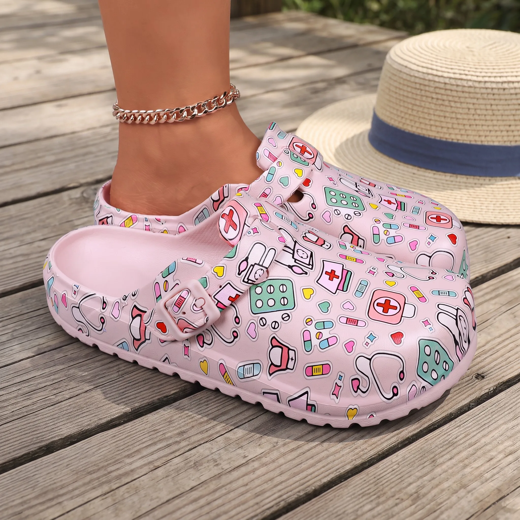 Women's Nursing Clogs Medical Print EVA Lightweight Closed Toe Hospital Clinic Healthcare Work Mules with Adjustable Buckle view 2