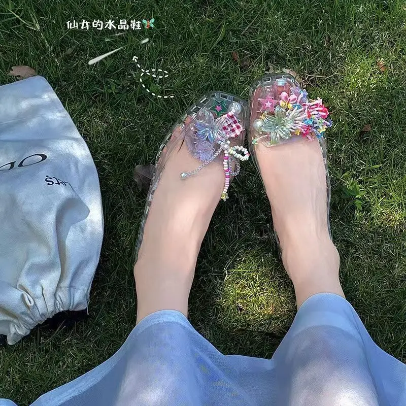 

PVC Transparent String Bead Sandals Women Summer New Clogs Crystal Shoes Female Non Slip Casual Ballet Design Brand Beach Shoes