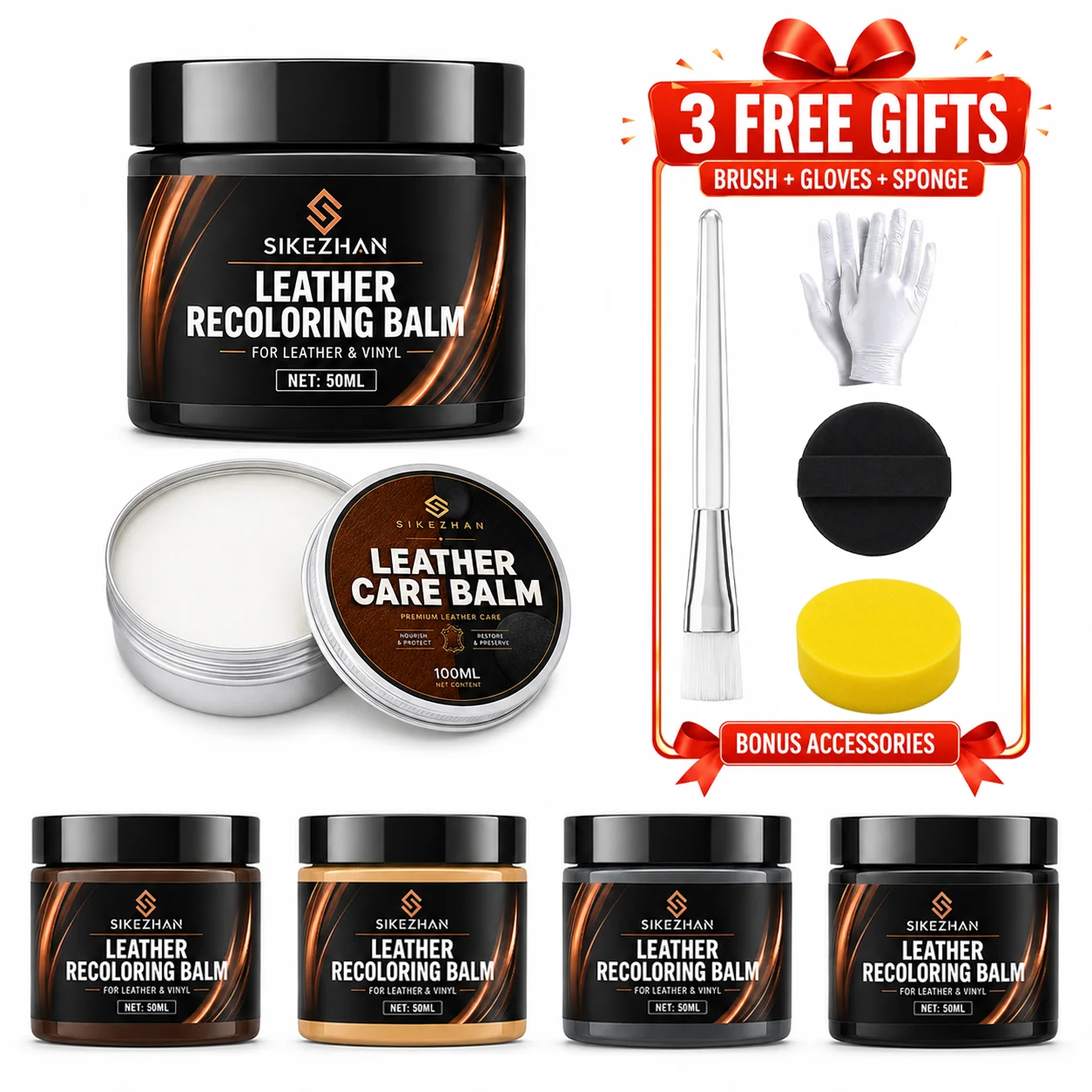 Leather Color Restorer and Conditioner Set with Brush, Gloves and Applicator Pads for Furniture, Car Seats, Shoes and Handbags