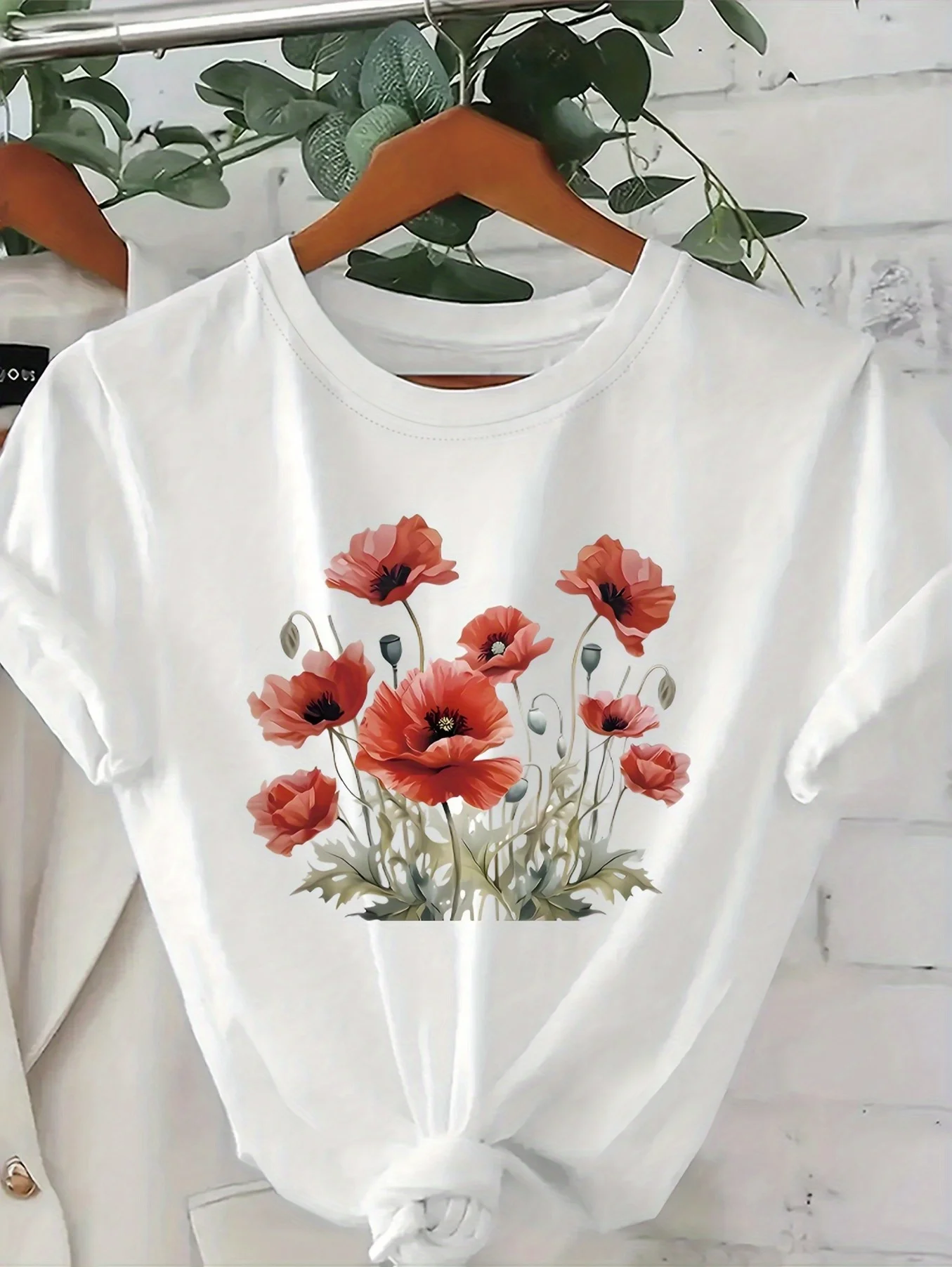 Women'S White Sleeve with Vibrant Red Poppy Print Breathable Round Neck Casual Blouse Harajuku Sleeve Casual Aesthetic Clothes