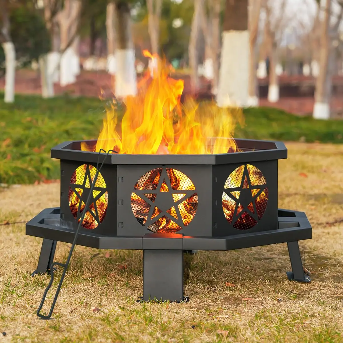 32 Inch Outdoor Octagonal Fire Pit with Fire Poker Black