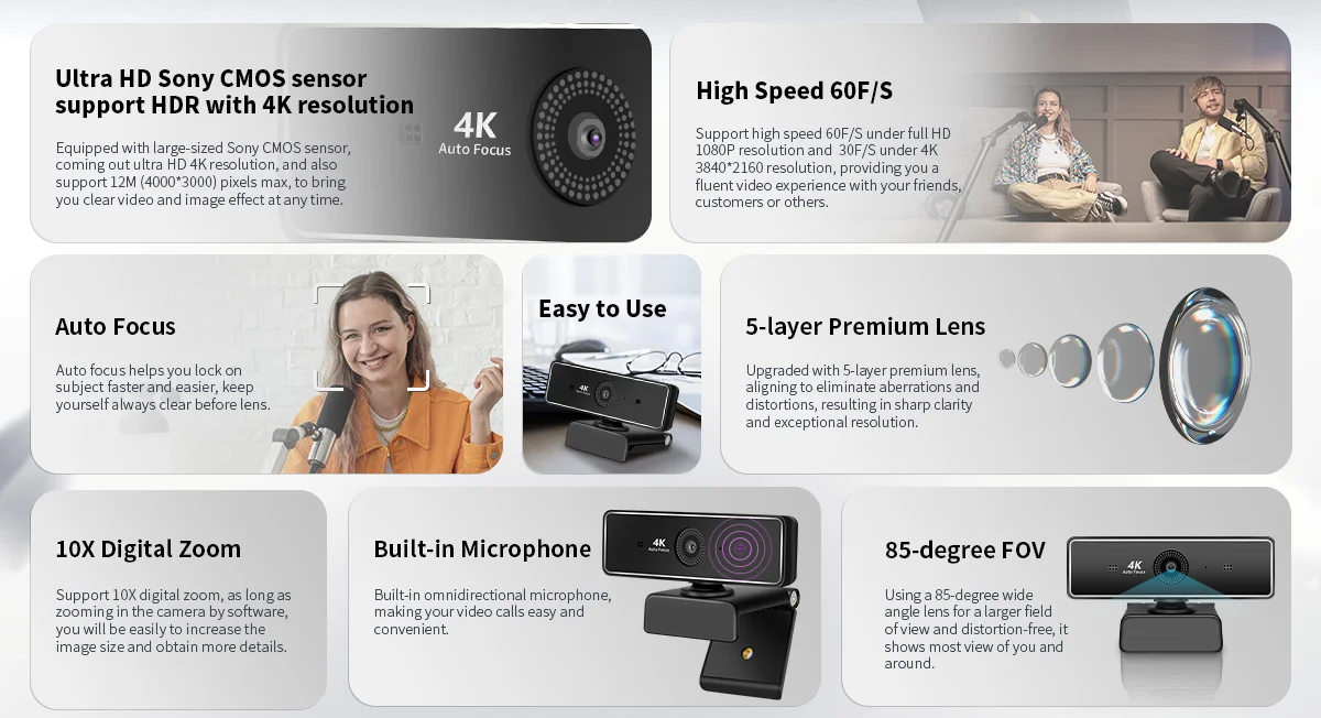 กล้องเว็บแคมพีซี 4k รุ่นใหม่ โฟกัสอัตโนมัติ พร้อมซูมดิจิตอล 10 เท่า สำหรับการศึกษาออนไลน์และการสนทนาทางวิดีโอ