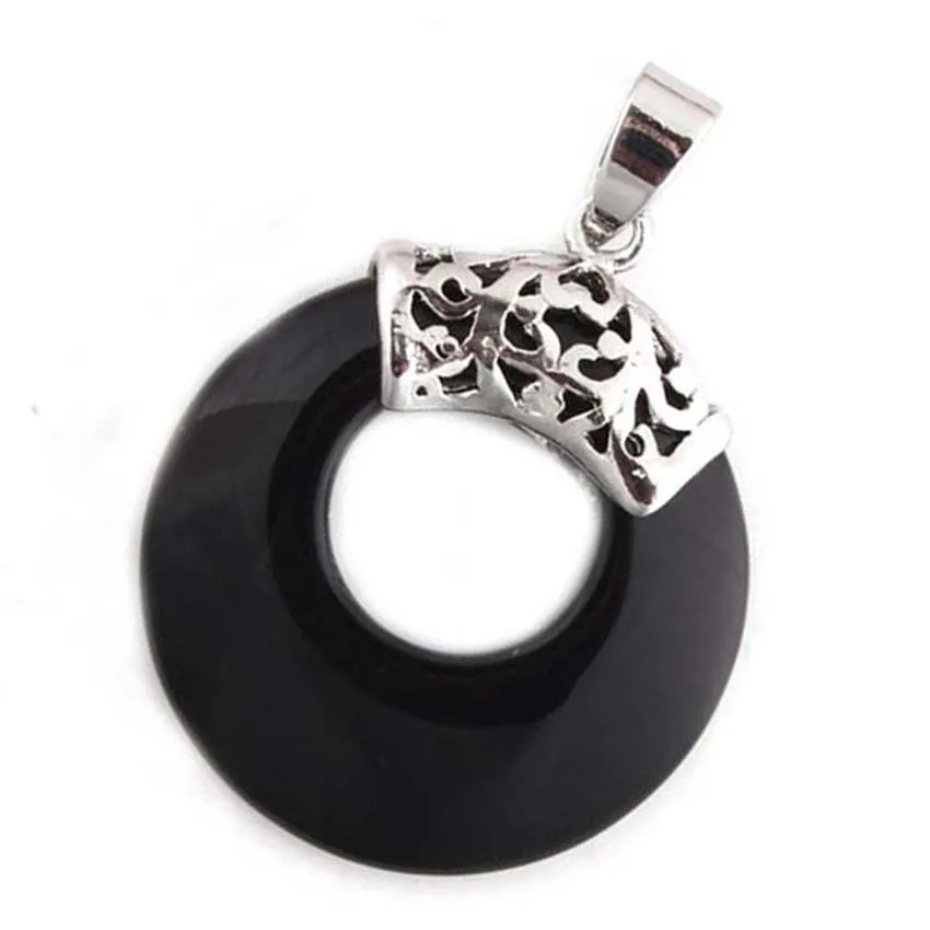 Silver Plated Natural Black Onyx Stone Round Hollow Shape Vintage Agate Pendant For Necklace Charm Women Gilrs Jewelry Gifts