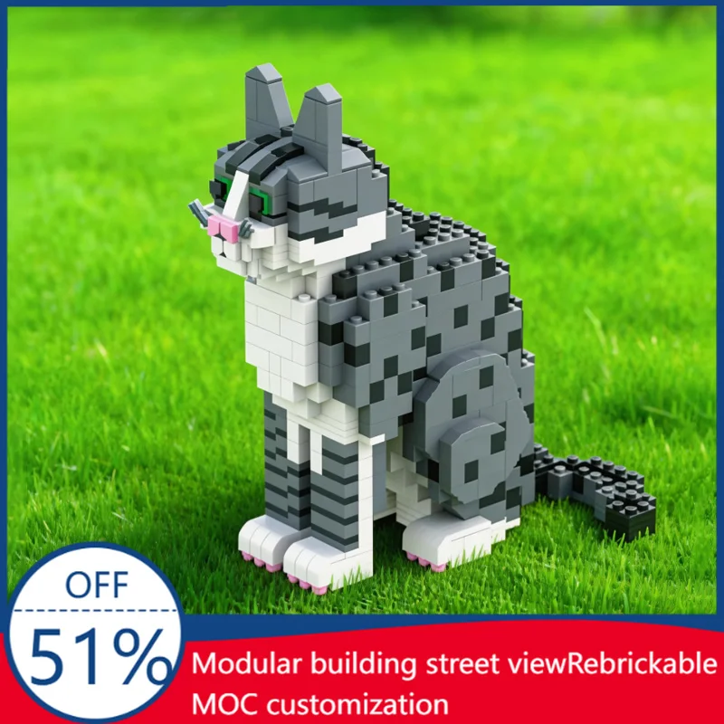 

777 PCS Gray Striped Cat Figure Building Blocks Children Diy Educational Assembly Girls Display Toys Birthday Customized Gifts