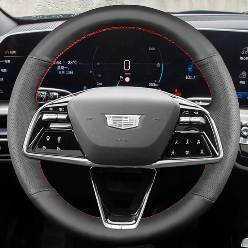 

100% Fit For Cadillac Lyriq 2022 Auto Parts Hand-stitched black Genuine Leather nonslip wear resistant car steering wheel cover