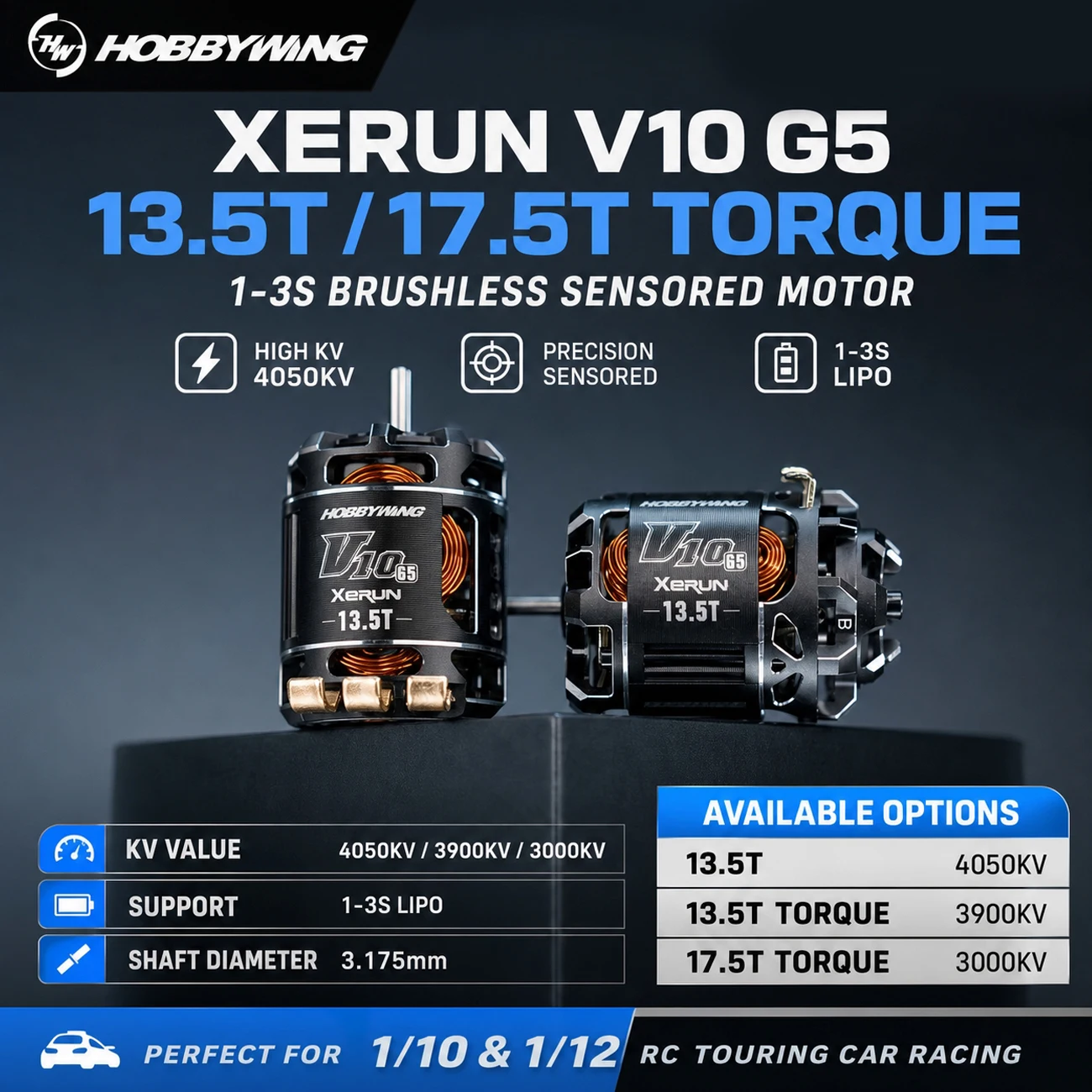 Moteur brushless à capteur HOBBYWING XERUN V10 G5 13.5T 17.5T TORQUE 1-3S 4050KV avec axe de 3,175 mm pour voiture de tourisme RC 1/10 1/12
