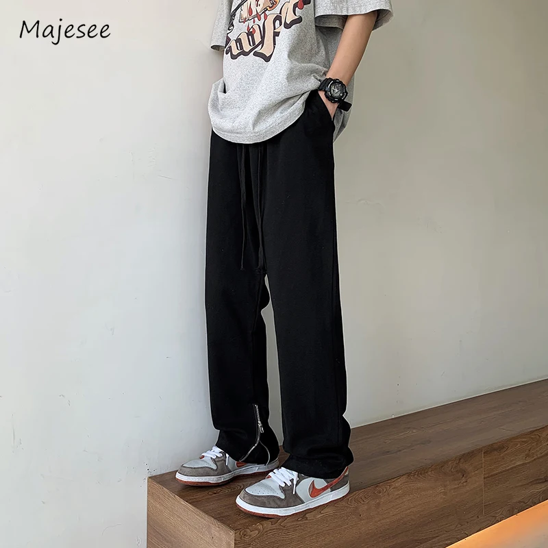 

Jeans Men Straight Casual Loose All-match Zipper Solid Spring Drawstring Simple Fashion Harajuku Daily Japanese Style Streetwear