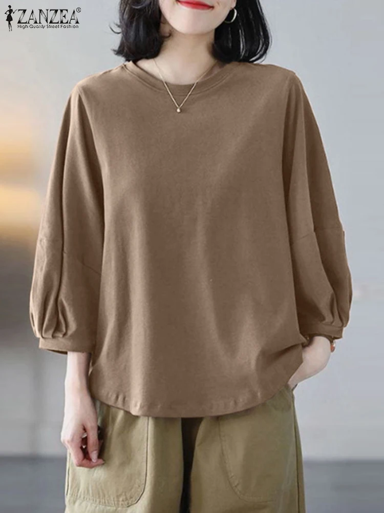 ZANZEA Autumn O Neck Blouses 3/4 Lantern Sleeve Solid Color Streetwear Loose Casual Pullover Tops Women Korean Fashion Blusas