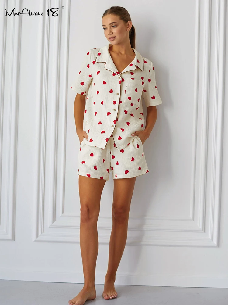 Mnealways18 Fashion Love Printing Shorts Suits For Women Two Pieces Sleepwear Sets Summer 2024 Shirt With Shorts Homewear Outfit