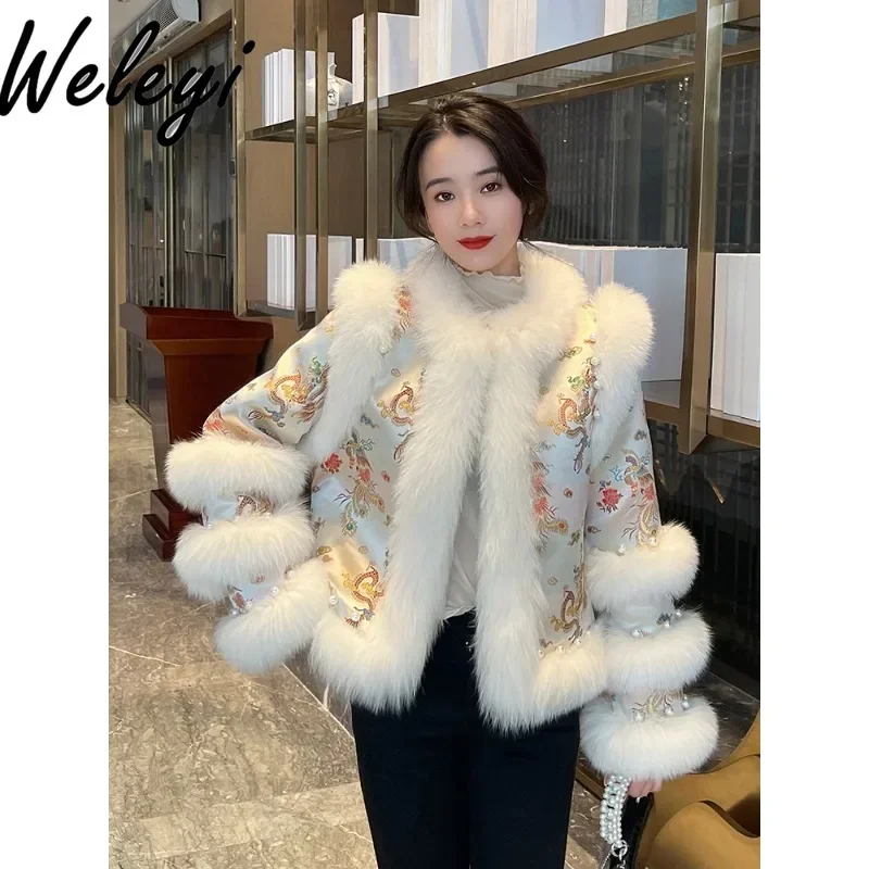 2024 Winter Chinese Style Imitation Fox Embroidery Short Faux Fur Coat Retro Women\'s Beaded Cotton Tang Clothes Fluffy Jacket