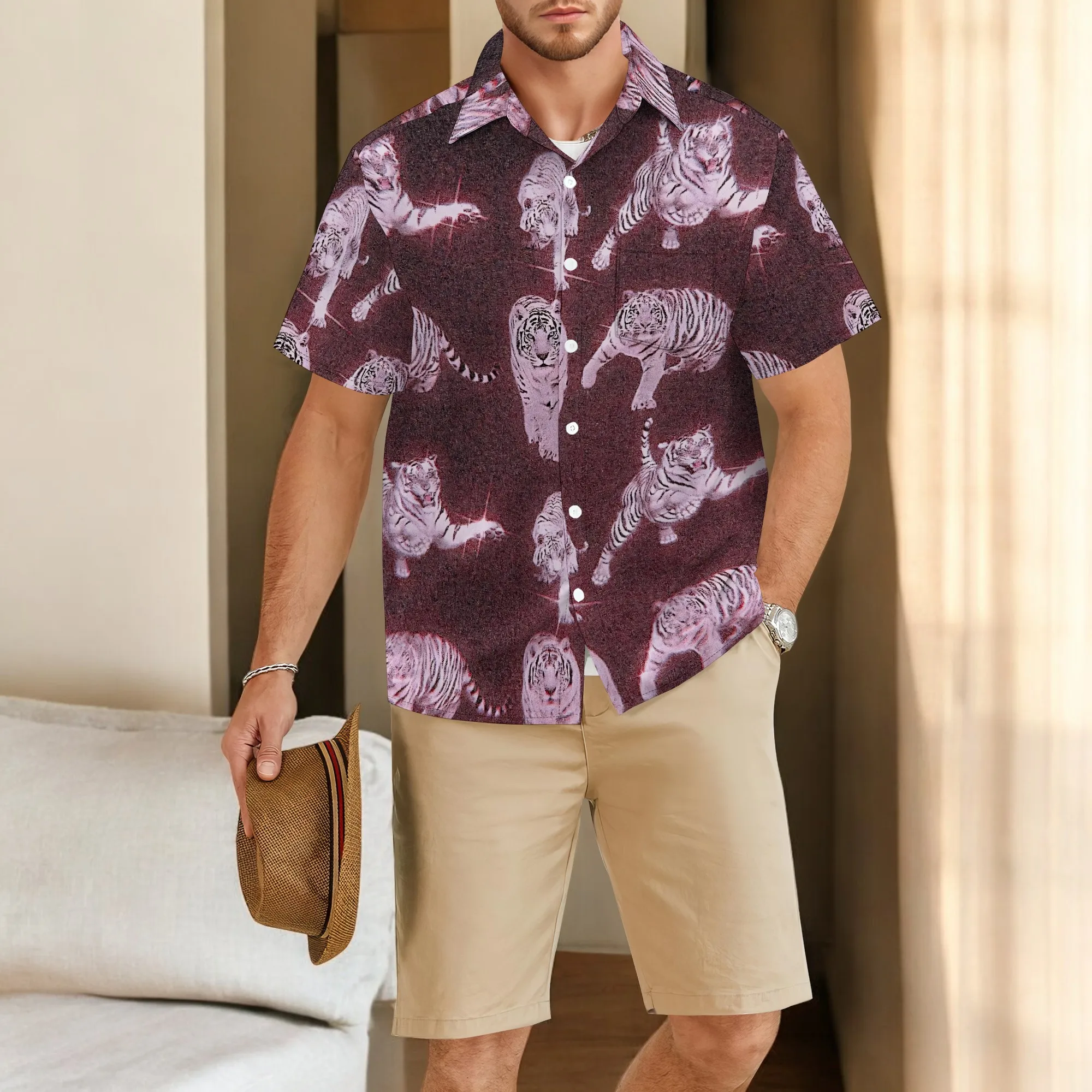 YEAE Men's Black Floral Printed Shirt 100% Cotton Short Sleeve Casual Summer Trendy Stylish Design