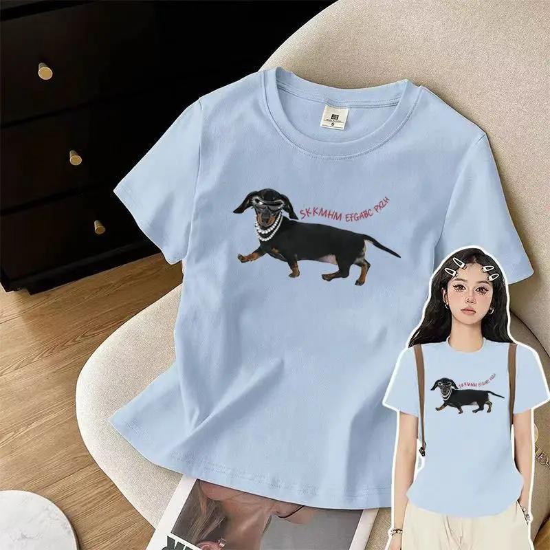 American Style Sausage Dog Letter Print Slim Fit Shoulder High Street Retro Hot Girl Light Blue Summer Short Sleeve T-Shirt W...