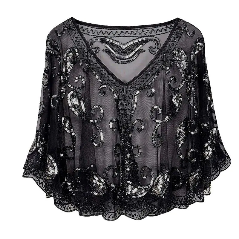 Elegant Beading Sequined Lace Hollow Out Batwing Sleeve Blouse Women\'s Clothing 2023 Summer New Casual Tops Office Lady Shirt