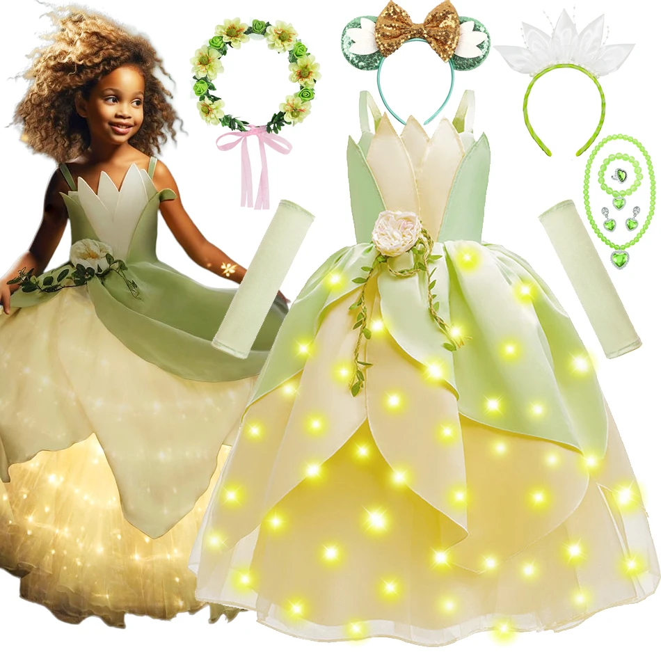 Fancy Girl Princess Tiana Costume Dress The Frog Cosplay Floral LED Light Up Clothing Halloween Girl Kids Christmas Party 2-11T