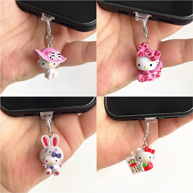 MINISO Żywiczne Zawieszki na Telefon Hello Kitty Zatyczki Przeciwkurzowe do iPhone 6-14 Port Ładowania Lightning Kreskówkowe Zatyczki Przeciwkurzowe Brelok Dekoracja
