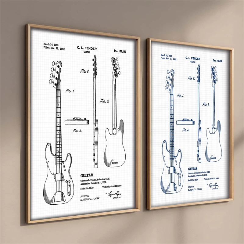 Vintage Electric Bass Guitars Patent Prints Wall Room Canvas Poster Aesthetics Art Decor Student Teacher Music Leo Fender Fan