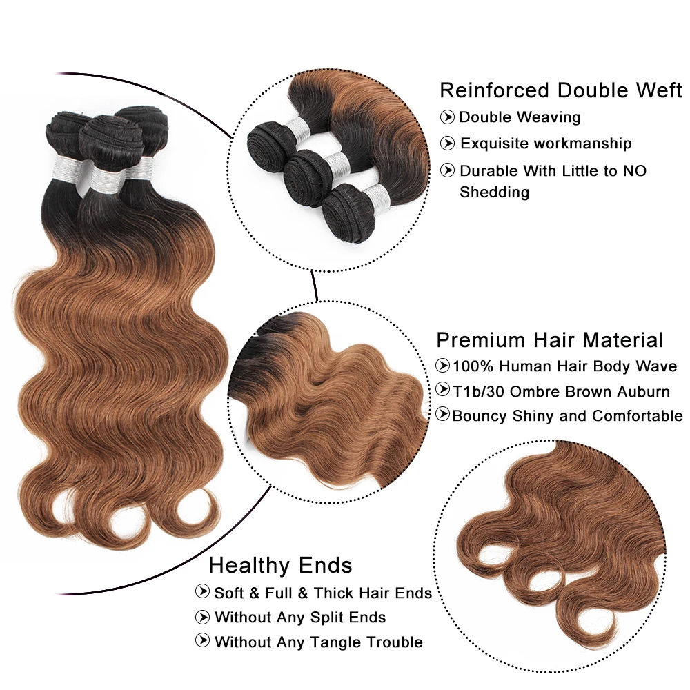 Gemlong T1B30 Ombre Color 3 Bundles Body Wave Remy Indian Human Hair Extension 300g/Lot Brown Color With Dark Roots 10-24 Inch