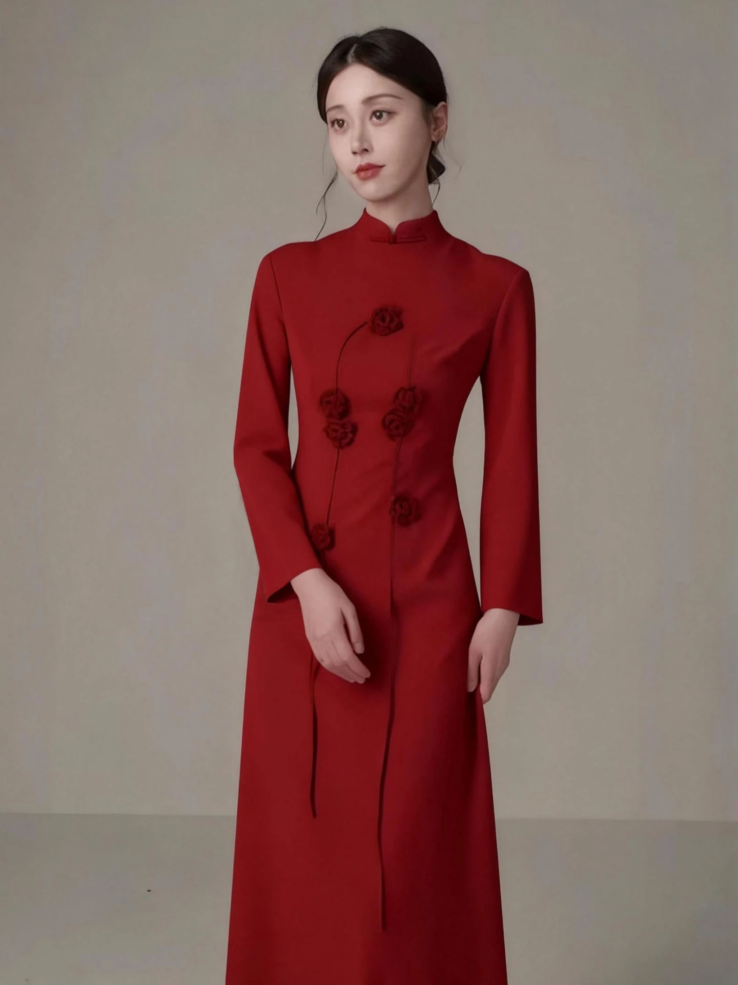 

Red Wedding Dr Vintage High Waist Long Sve Qipao Dr for Engagement Par Bridal Gown New Chinese Sle Winter Faion