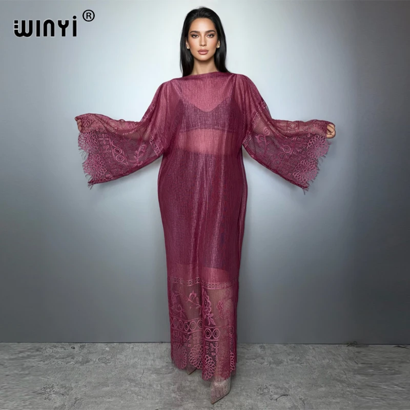 

WINYI летнее кружевное перспективное платье Элегантный мусульманский кафтан Абая Леди пляжная накидка Пляжная одежда модное праздничное праздничное платье