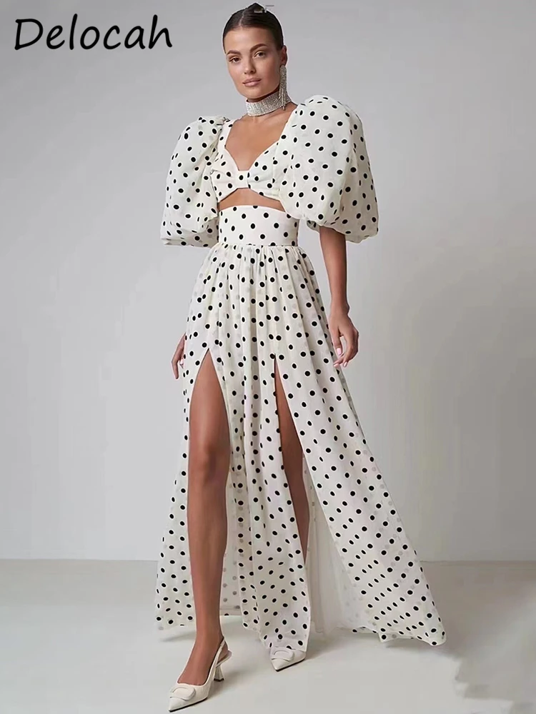 Delocah High Quality Summer Women Fashion Designer Skirts Sets White Polka Dot Puff Sleeve Short Tops + High Waist Skirts Suits