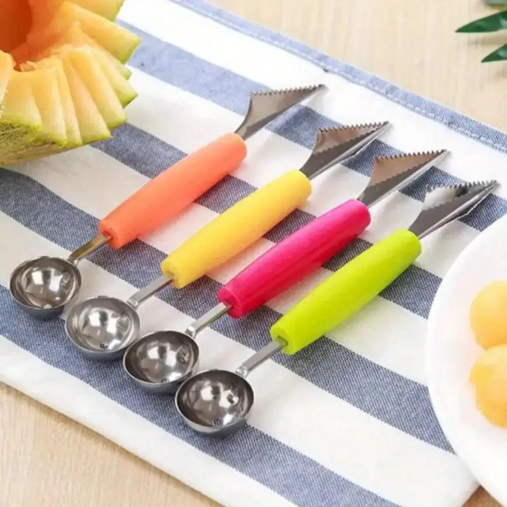 New Stainless Steel Double Ended Fruit Shaver Reusable Mini Ice Cream Dessert Spoon Carved Multicolor Fruit Ball Digger