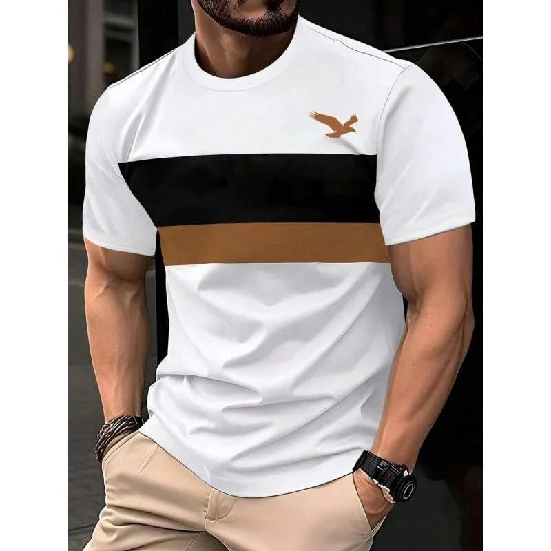 Men's Geometric Splicing Colorful Stripe T-Shirt Summer Outdoor Casual Sports Short Sleeve Tees Loose Breathable Round Neck Tops
