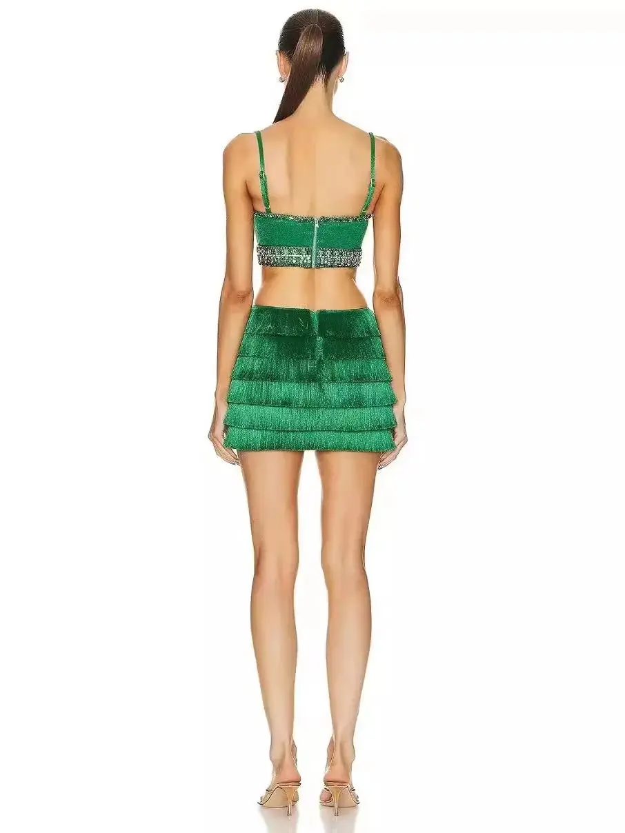 Avondfeestjurken Voor Vrouwen 2024 Sexy Merk Ins Celebrity Kwastje Groene Bodycon Bandage Jurk Elegante High Street Mini