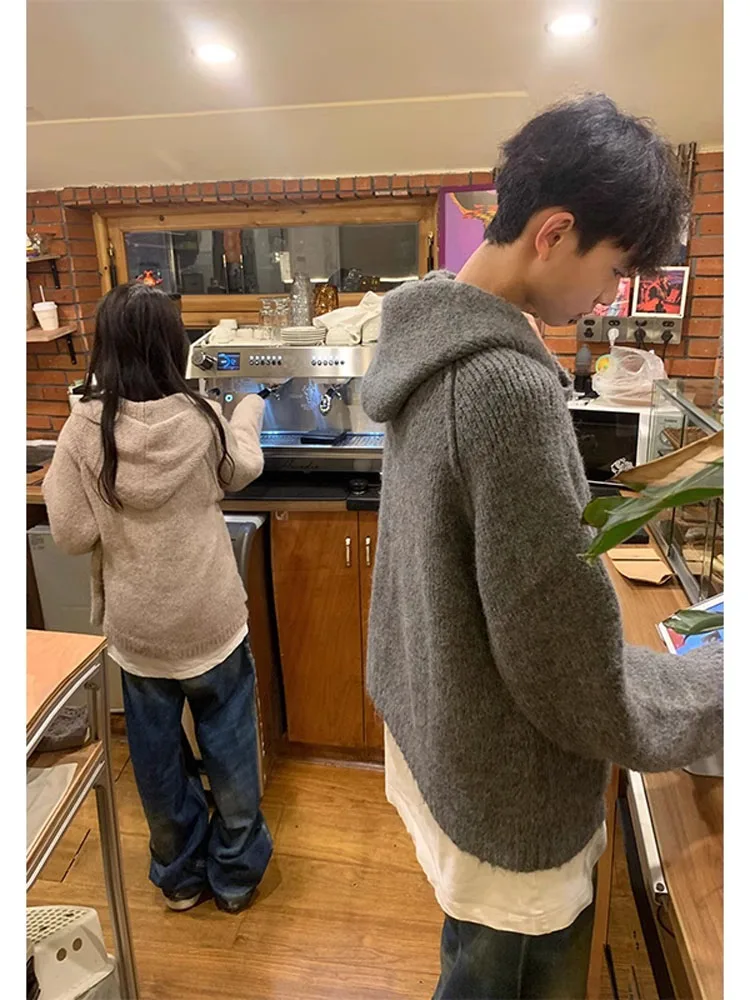 

Retro American Knitted Hoodie Cardigan Men's Casual Loose Fit Autumn Winter Polyester Fiber Long Sve Youth Leisure Sle