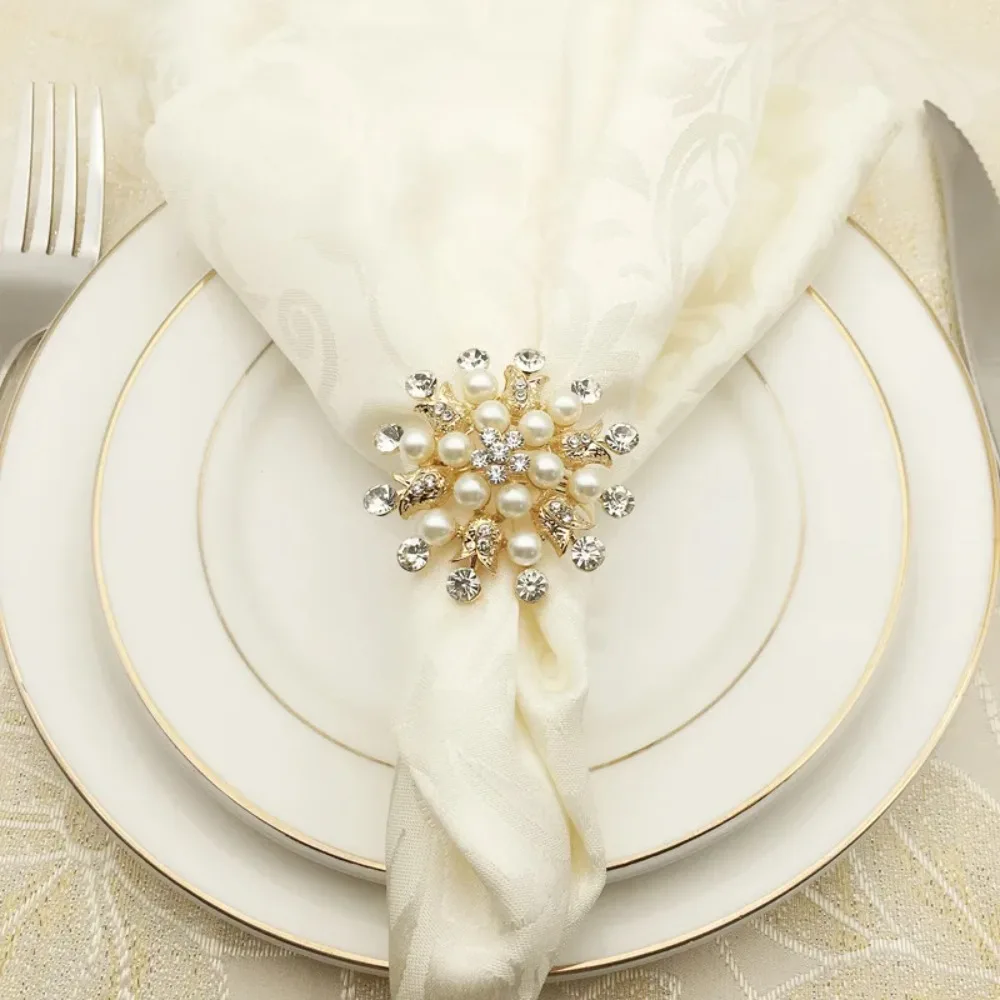 10PCS Round Pearl Napkin Ring Holder, Flower, Pearl Buckle, Christmas, Wedding Party, Hotel Table Decoration