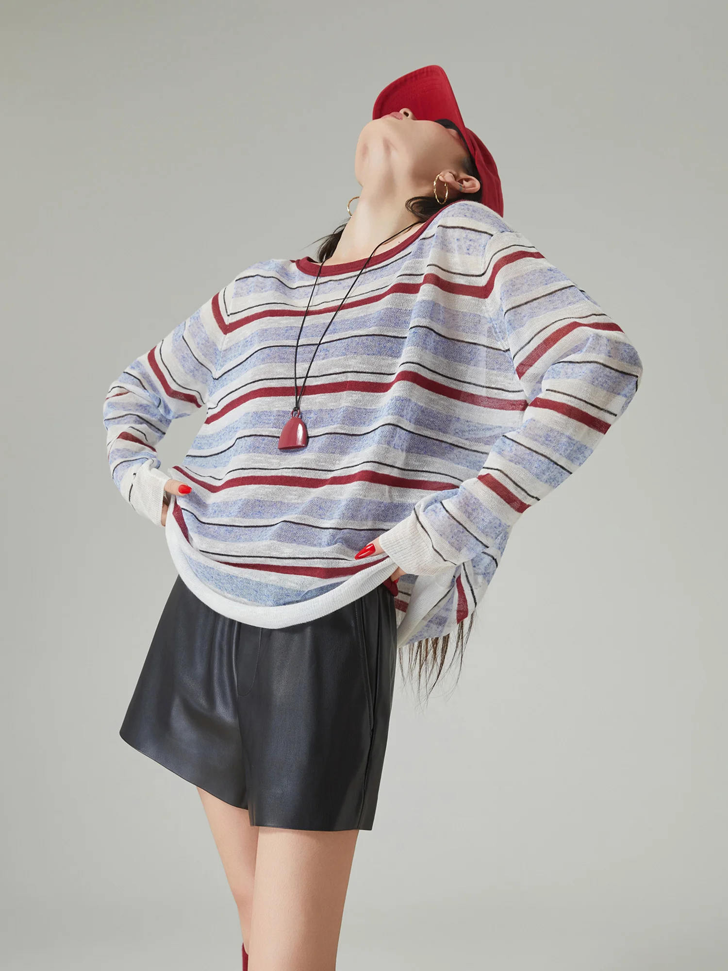 

Retro American Color Blo Long Sve Knitted Sweater Women's Airy Thin Loose Sun Protection Cover up Top Trendy Striped Pat...