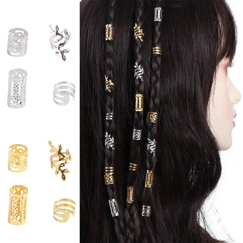 40PCS Metal Cuff Clips Mixed Hair Rings Set Hair Braiding Gold and Silver Dreadlocks Beads Charm Headwear Hair Braid Tubes