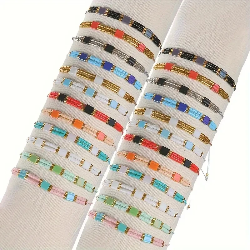 12pcs/set Multiple Colors Small Bead Woven Bracelet Set Adjustable Bracelet Gifts For Couples Unisex Jewelry