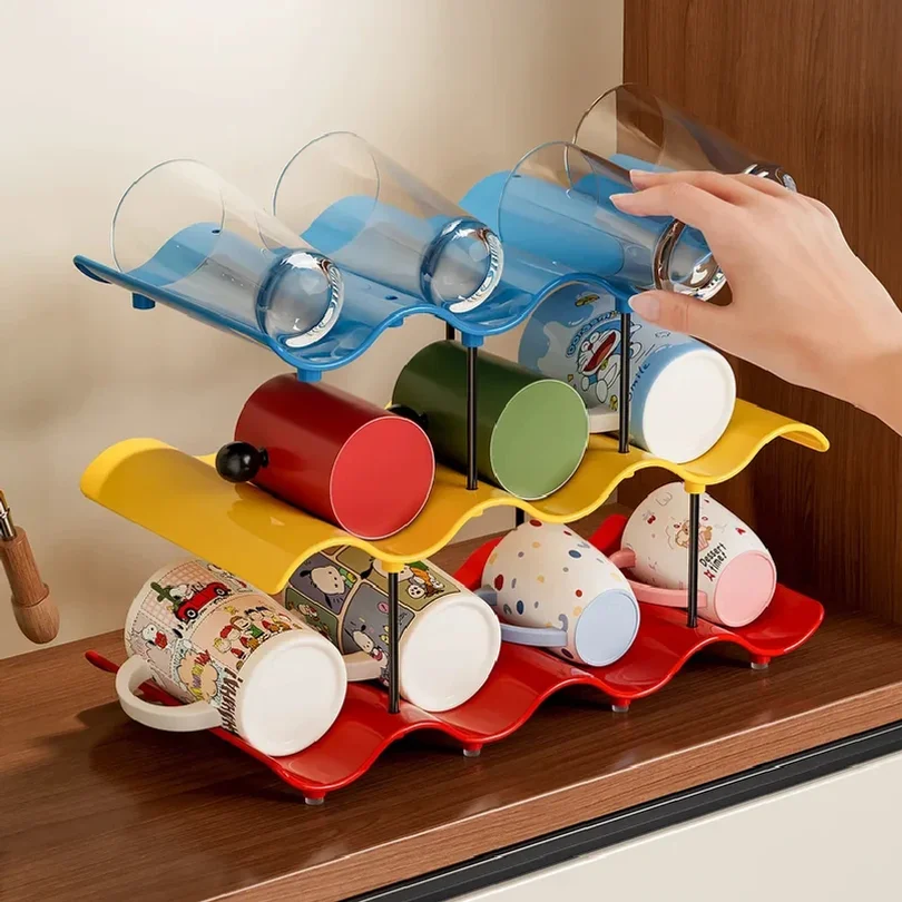 Cup Storage Organizer Multi-layered Wave-shaped Desktop Water Cup Holder Bar Counter Coffee Tea Mug Color Block