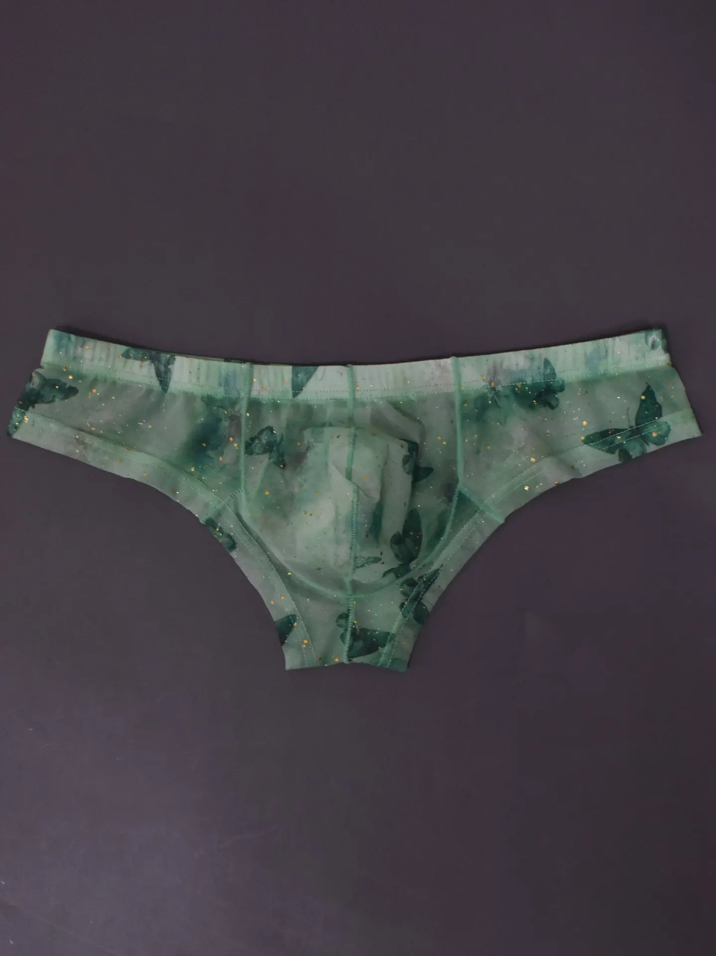 Sheer Mesh Gold Foil Butterfly Printed Boxy Underwear for Men Low Rise Mini Briefs U-Pouch See-Through Underwear Slim Fit Trunks