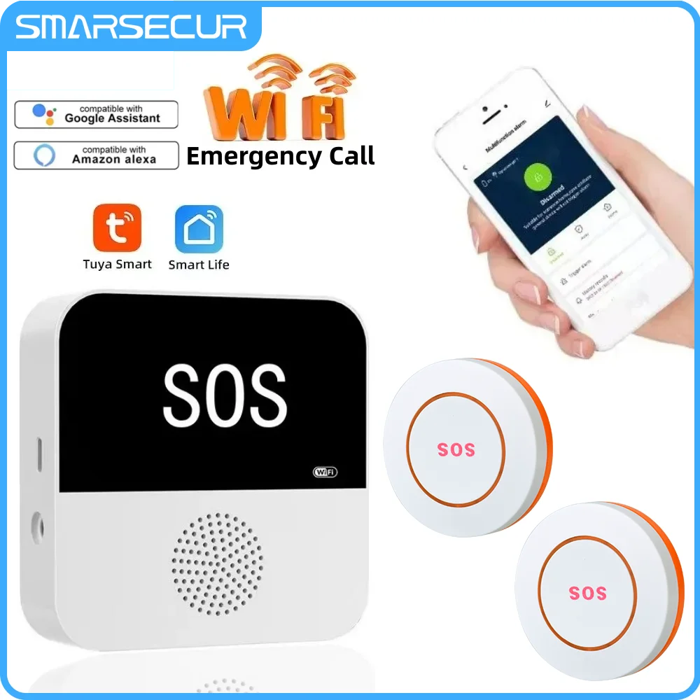SMARSECUR Allarme Tuya Smart WiFi Cercapersone per anziani Pulsante di chiamata SOS Sistema di allarme medico SOS di emergenza