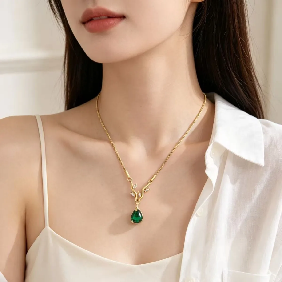 Cross-border trendy fashion multi-color diamond branch and petal stainless steel necklace for women