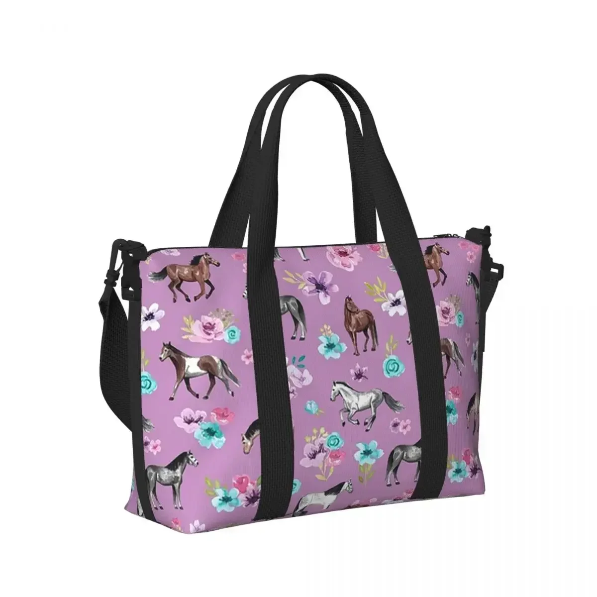Horses And Flowers Print Horse Pony Floral Beach Travel Bag Large Capacity Tote Bag for Sport Women Shopping Duffle Shoulder Bag