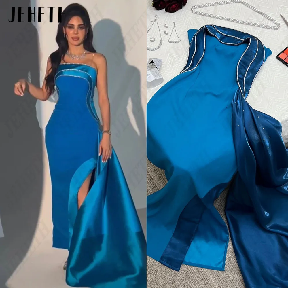 JEHETH Luxury Evening Dresses Strapless Sleeveless Cocktail Gowns Side Split Prom Dresses Saudi Arabia Women\'s Formal Dress