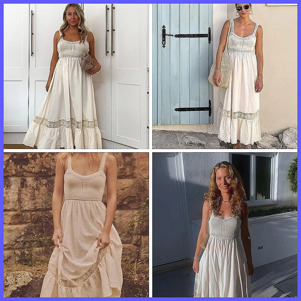 

Patchwork Knitted Sling Dress for Women, Off Shoulder High Waist A-Line Beach Dress Vacation Robe