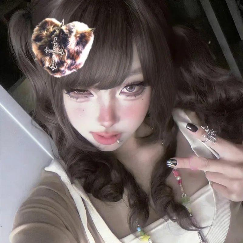 

Gothic Plush Leopard Print Heart Hairpins Women Dark Culture Subculture Headwear Girls Personalized Bangs Side Barrette Hairclip