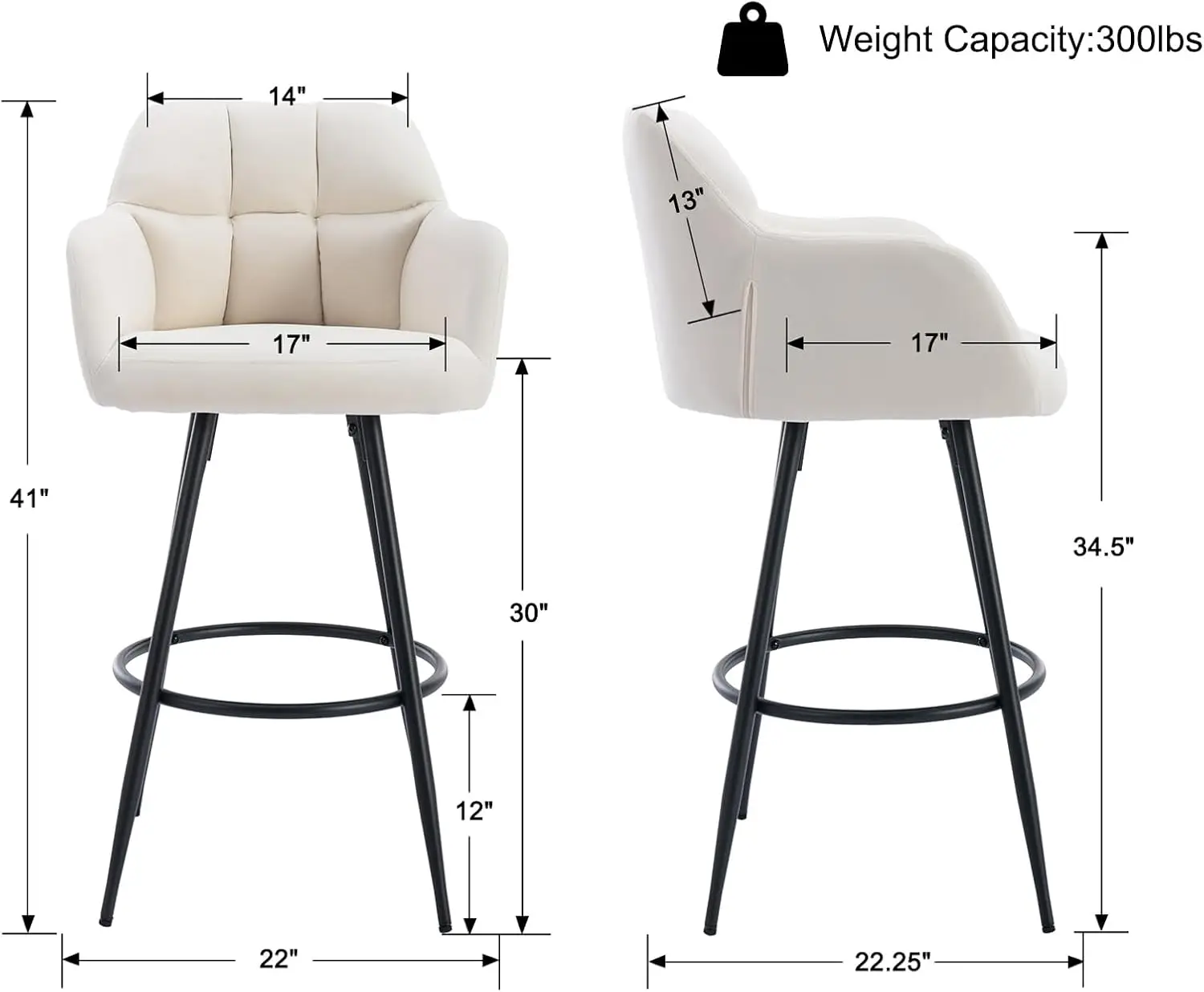 Ensemble de 4 tabourets de bar en velours beige, avec cadre en métal, style moderne et vintage