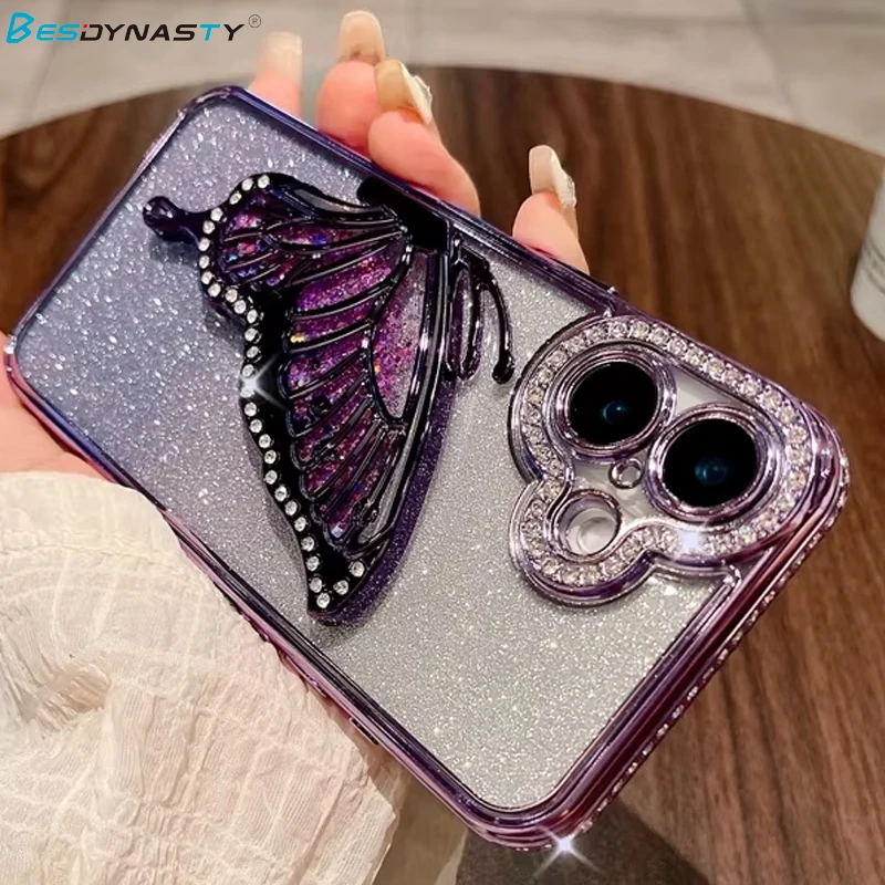 Luxury 3D Butterfly Case for iPhone 17 Air 16 15 13 12 11 14 Pro Max Plus Bling Diamond Glitter Plating Soft Back Cover Funda