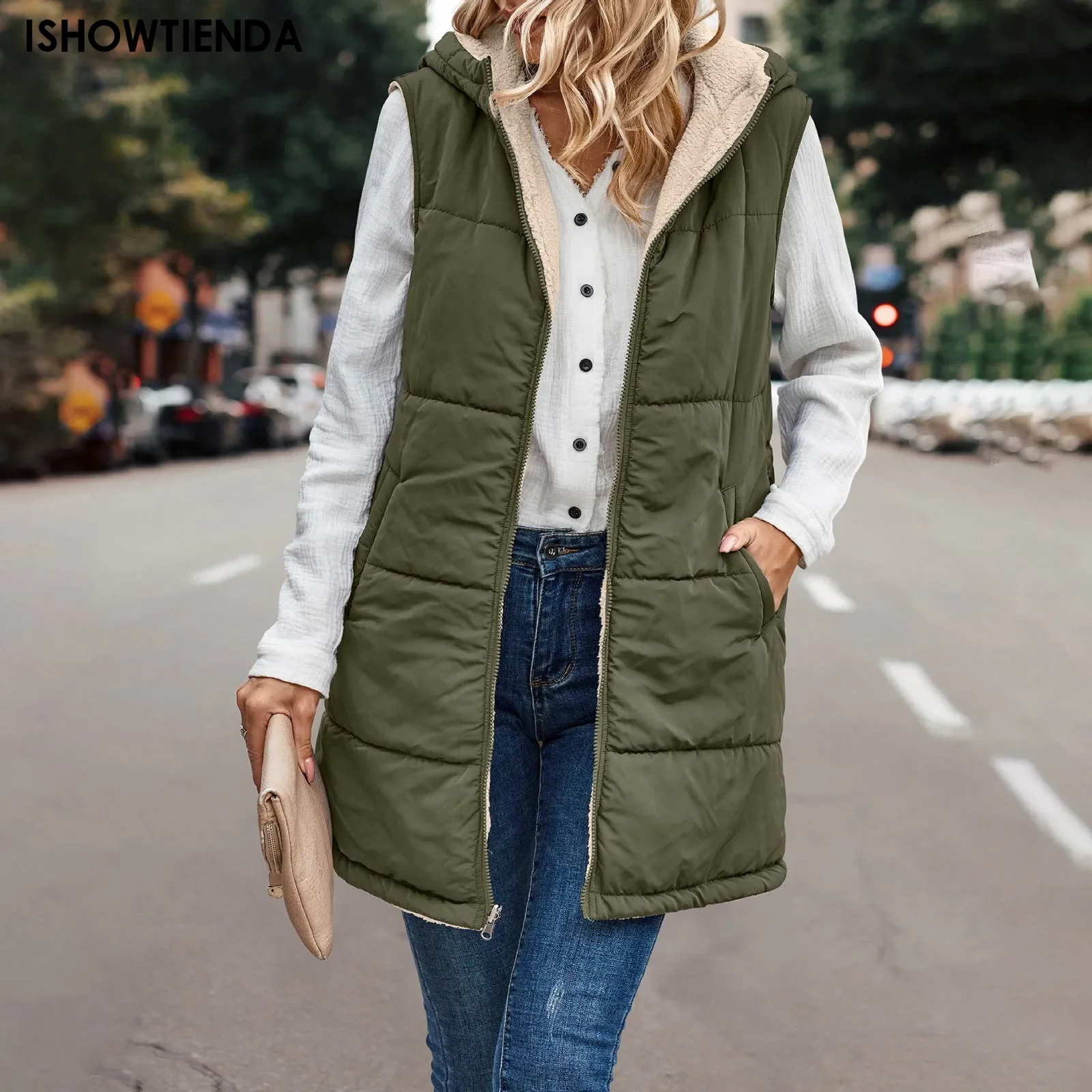 Gilet invernale da donna in pile con cappuccio reversibile senza maniche giacca da donna in finta lana gilet moda Street abbigliamento donna giacca