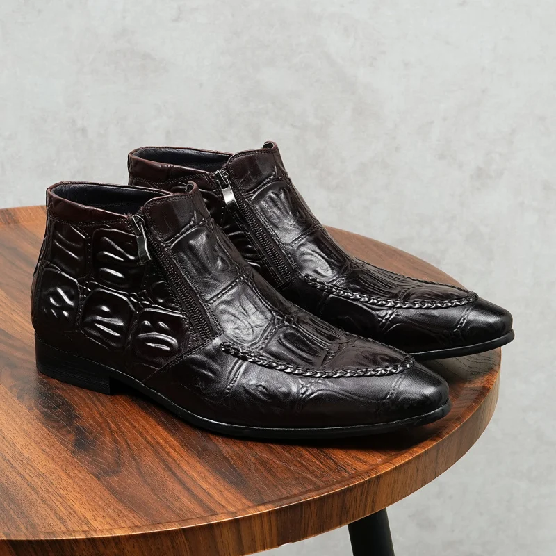 

Men’s Genuine Cow Leather Boots Banquet Business Suits Zip Cowhide Black Luxury Shoes Man Winter
